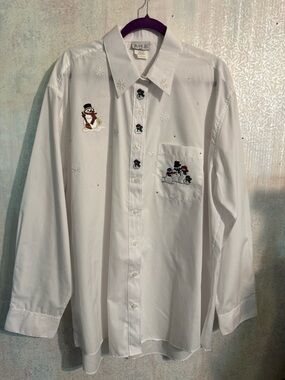 Vintage p.g.b. White Button-Down Shirt Embroidered Snowman With Sparkly 1X